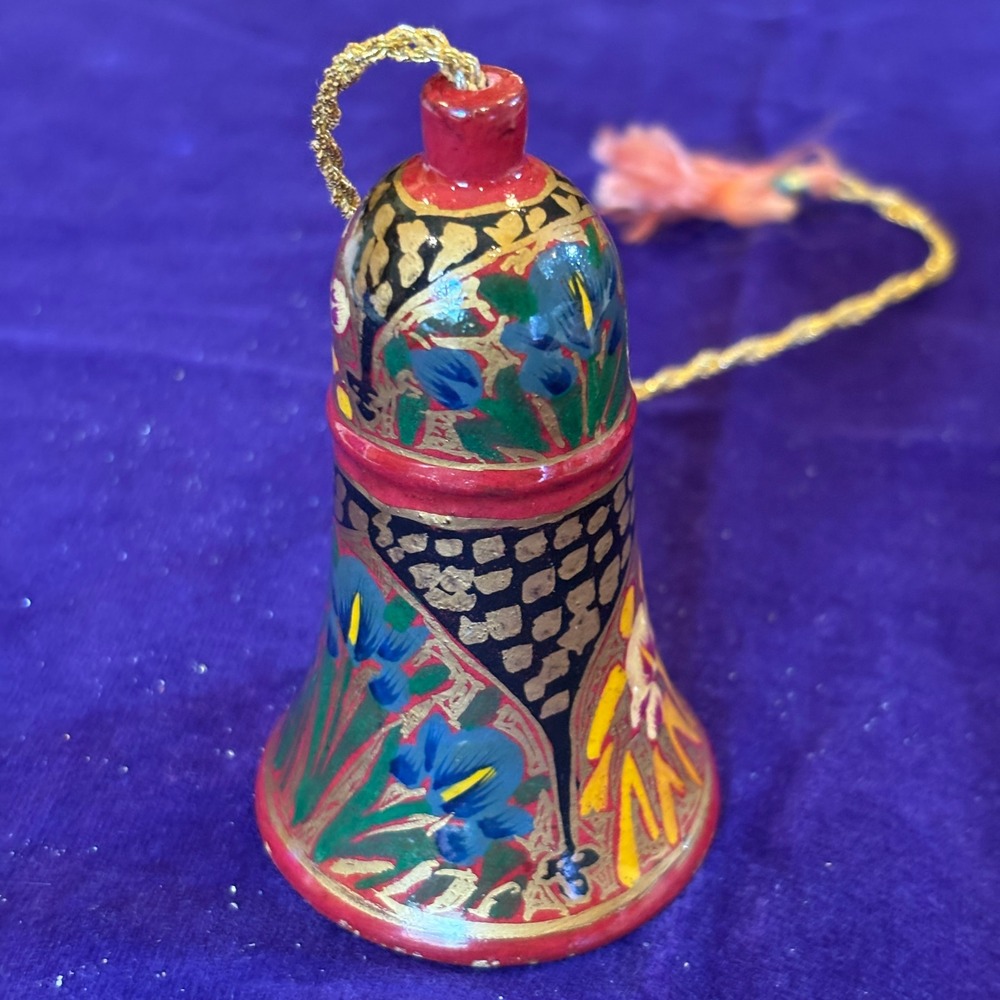 Vintage Kashmiri Hand Painted Papier Mache Floral Bell Ornament Multicolor - Picture 7 of 10